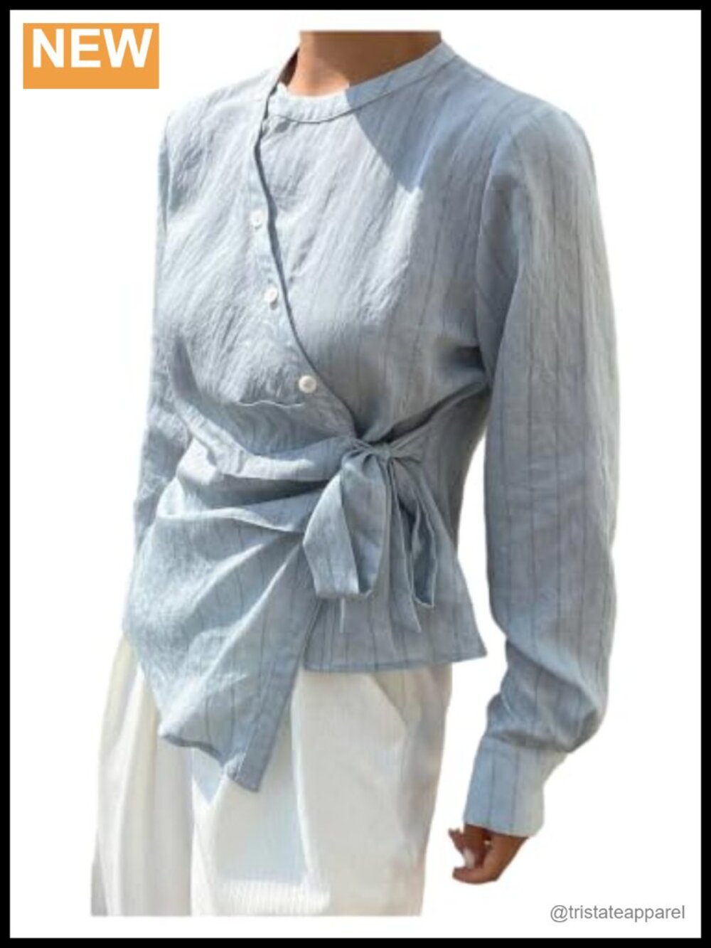 Striped Wrap Button Down Blouse Asymmetrical Hem Long Sleeve Linen
